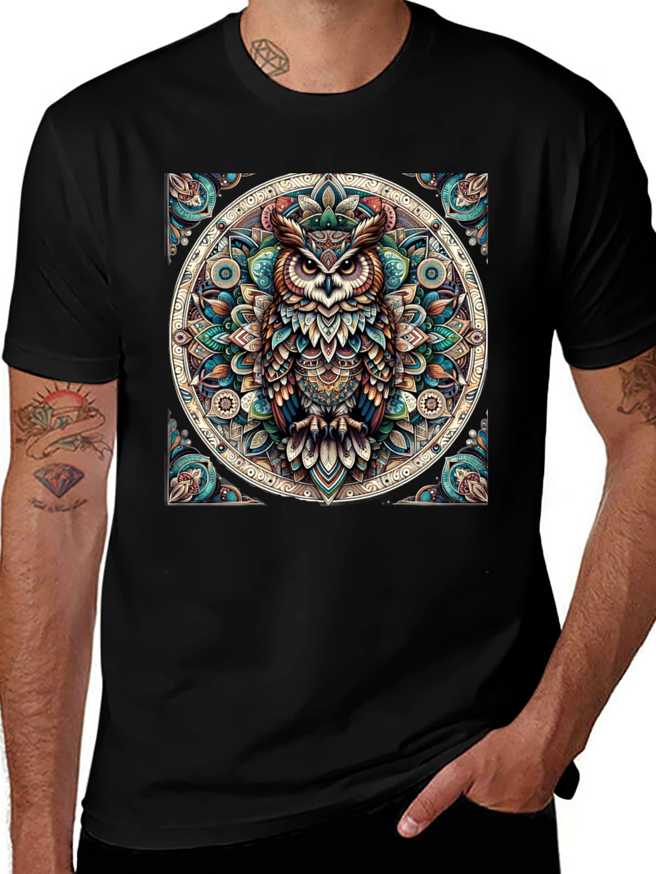 Camiseta Negra con Diseño de Búho Mandala