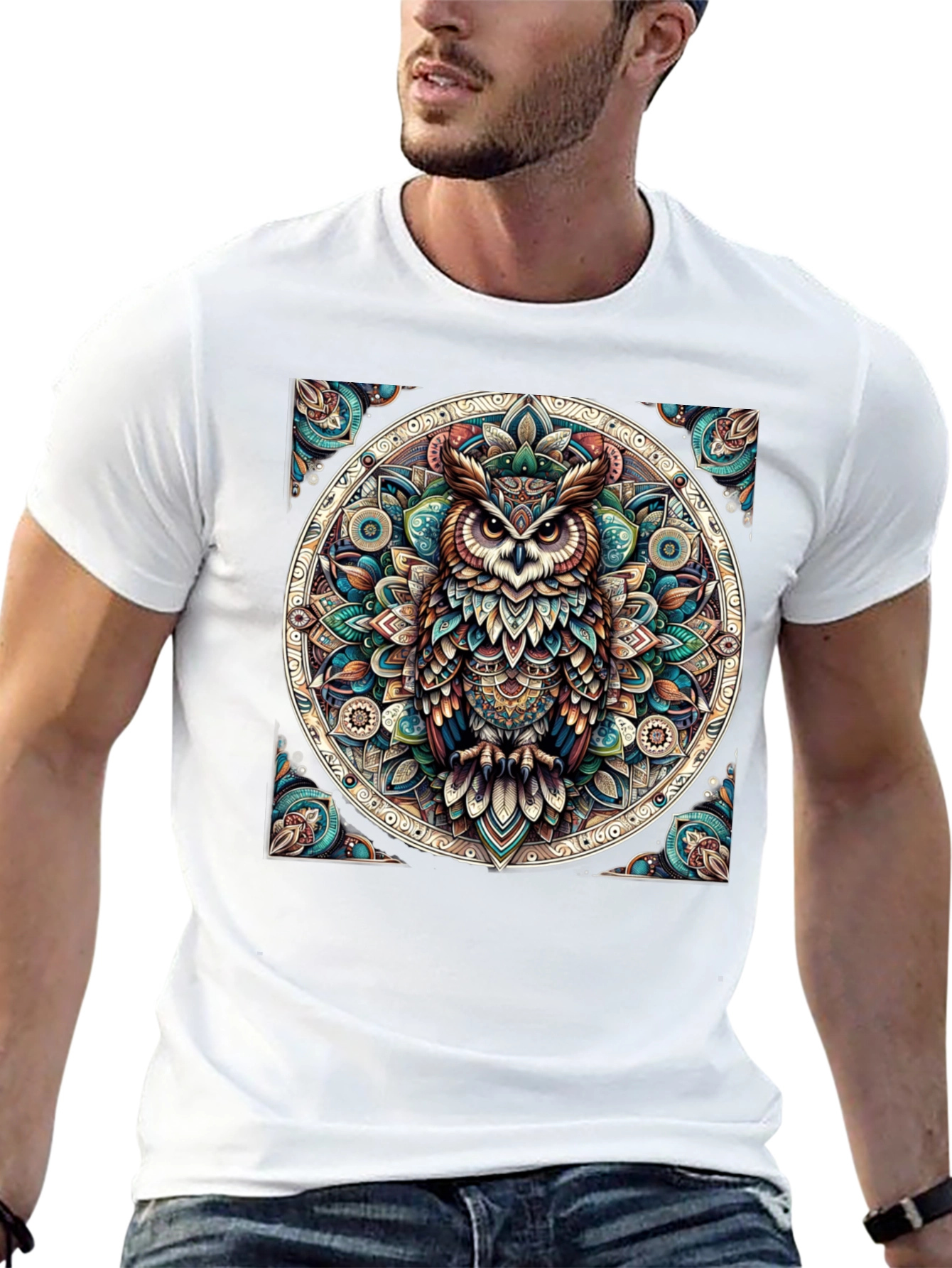 Camiseta Negra con Diseño de Búho Mandala