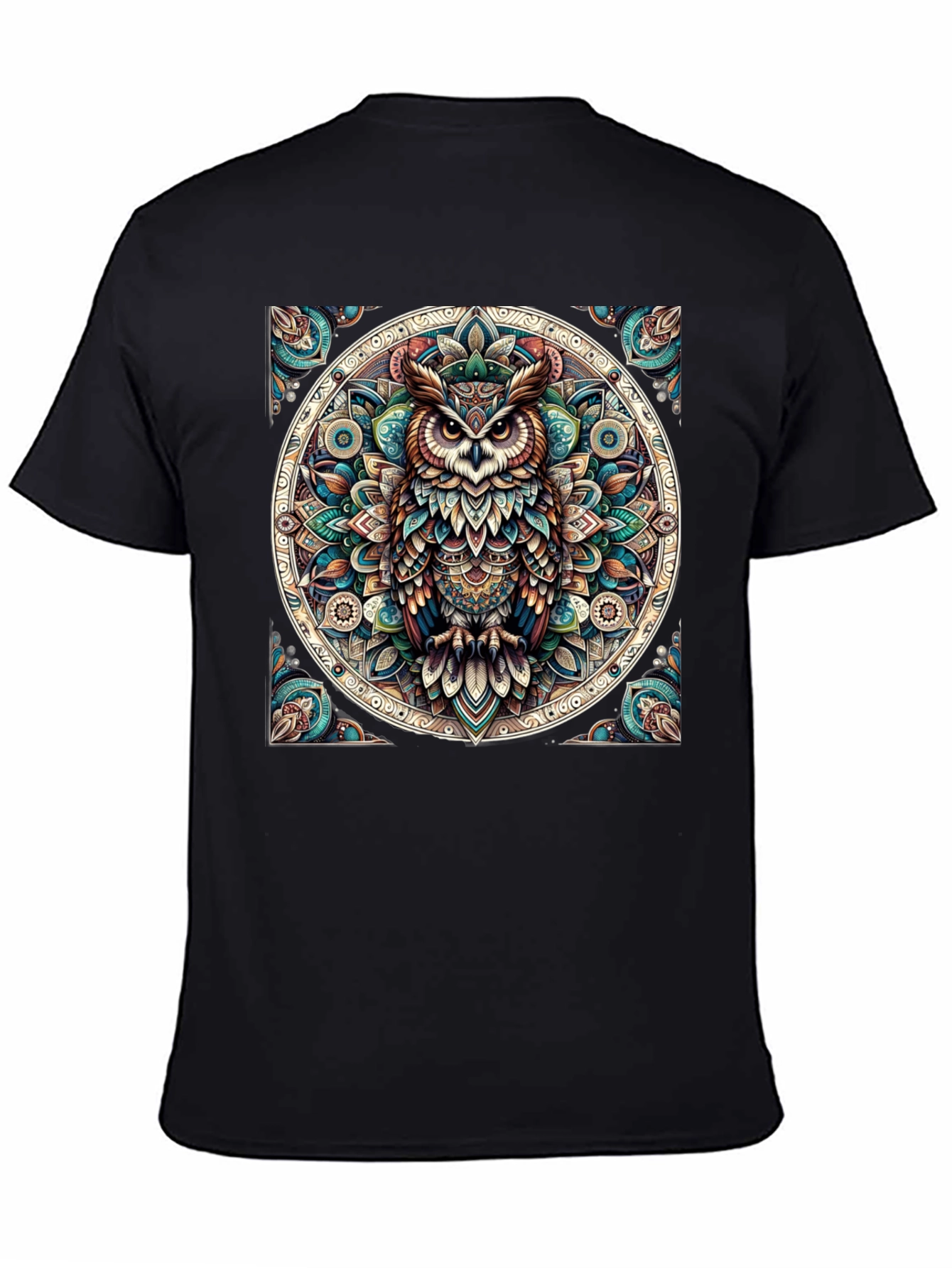 Camiseta Negra con Diseño de Búho Mandala