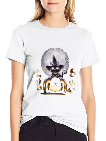 Camiseta Halloween Gato Bruja Calabaza Luna
