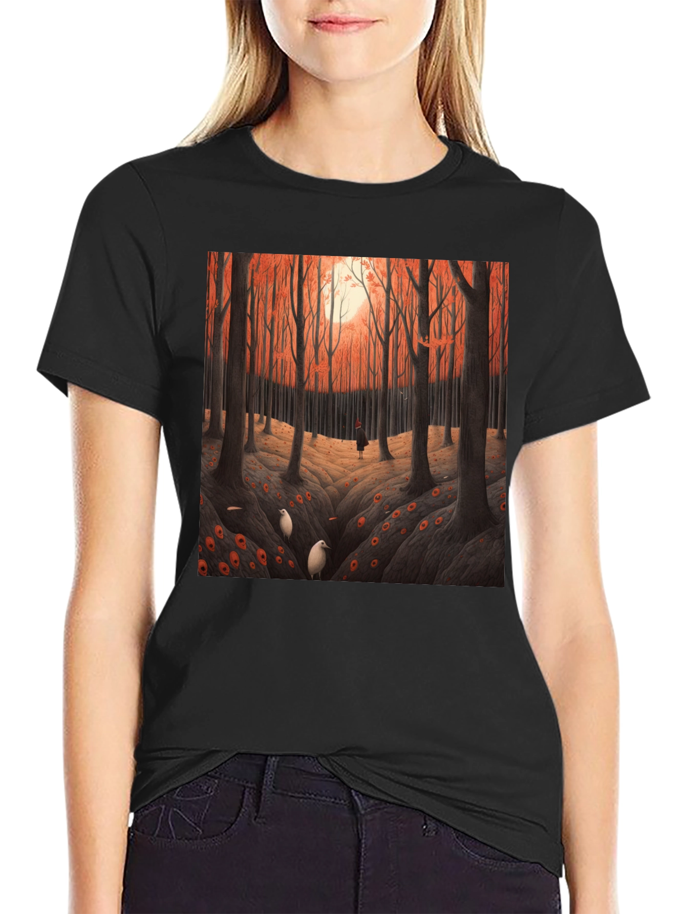 Camiseta Negra con Diseño Bosque Otoñal
