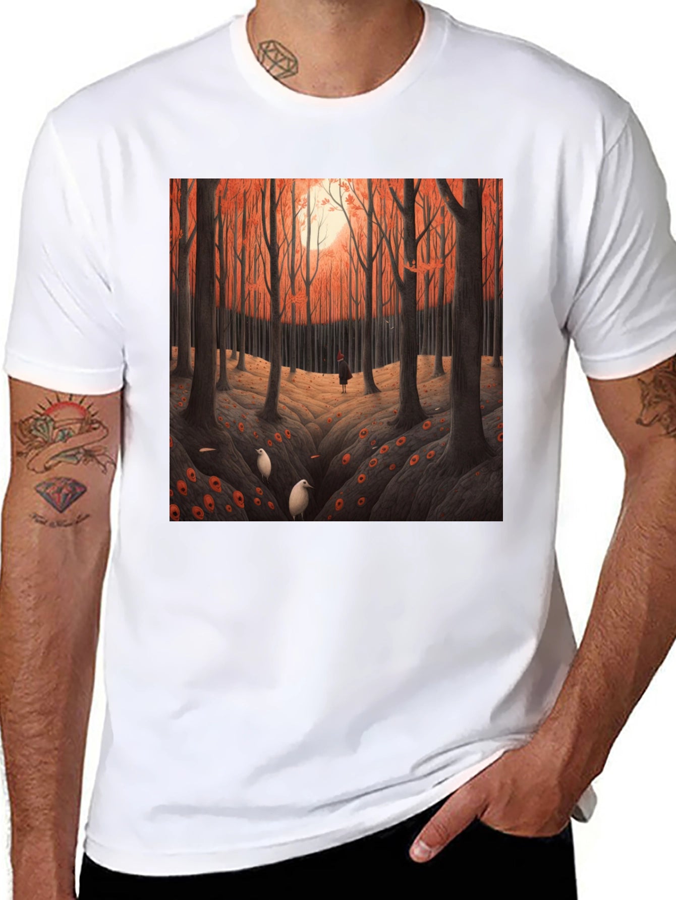 Camiseta Negra con Diseño Bosque Otoñal