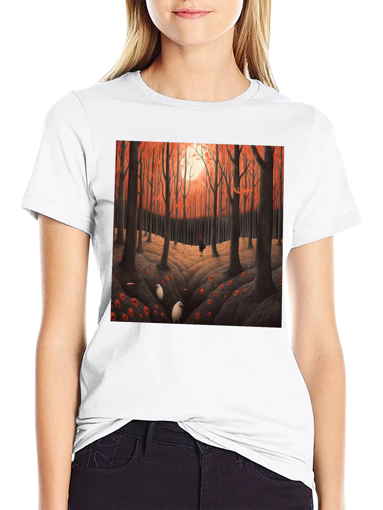 Camiseta Negra con Diseño Bosque Otoñal
