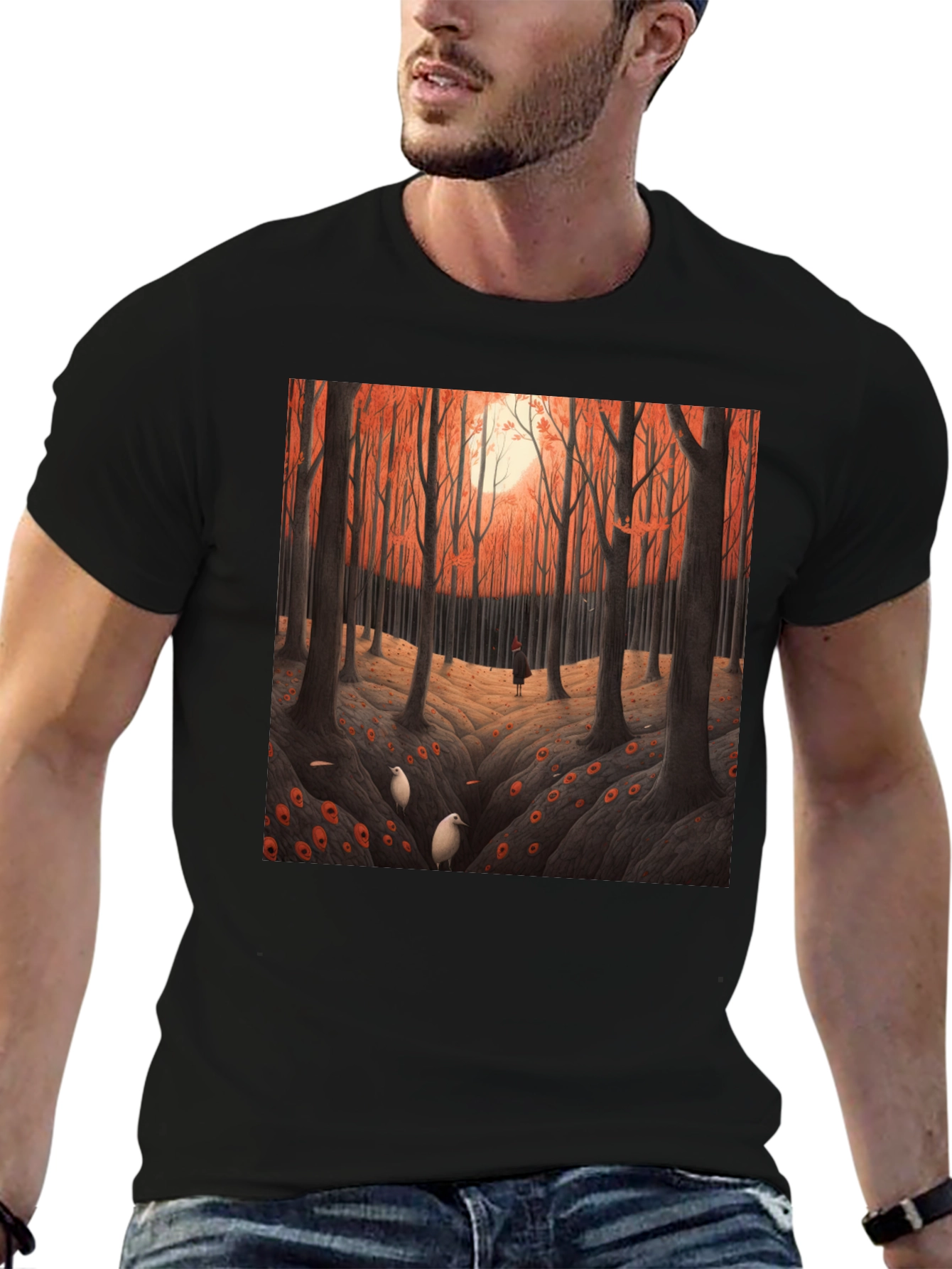 Camiseta Negra con Diseño Bosque Otoñal
