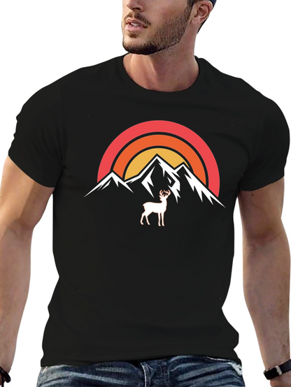 Camiseta Negra Montañas y Ciervo Retro