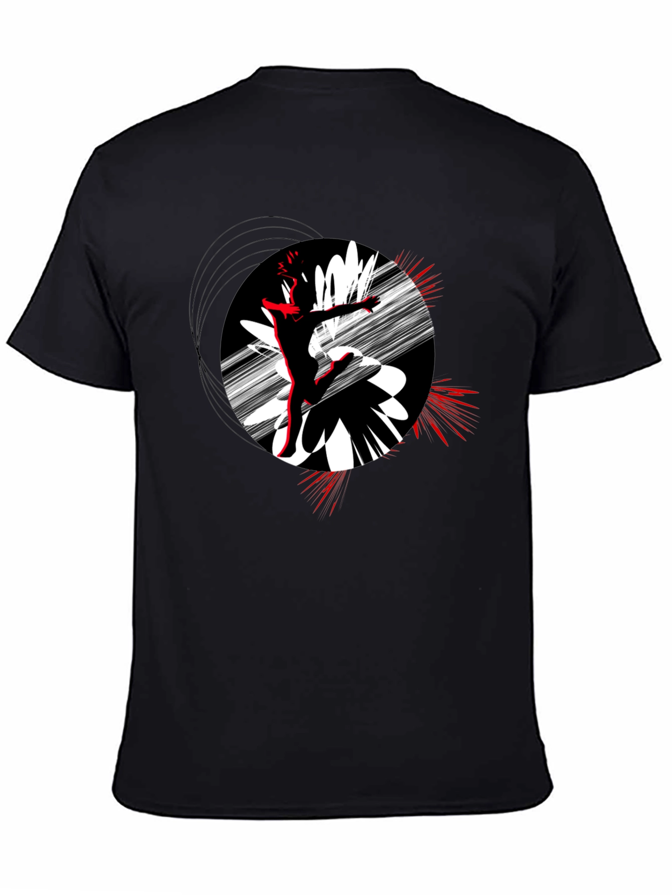 Camiseta Negra con Diseño Abstracto en Rojo y Blanco