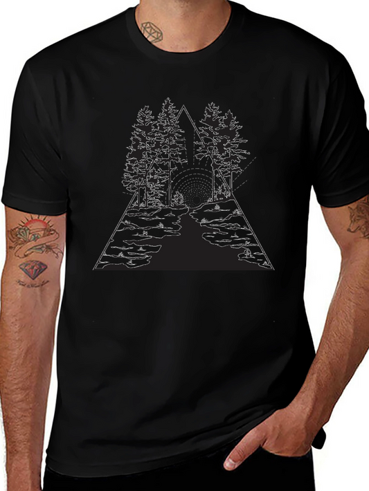 Camiseta Negra Hombre Diseño Bosque Minimalista