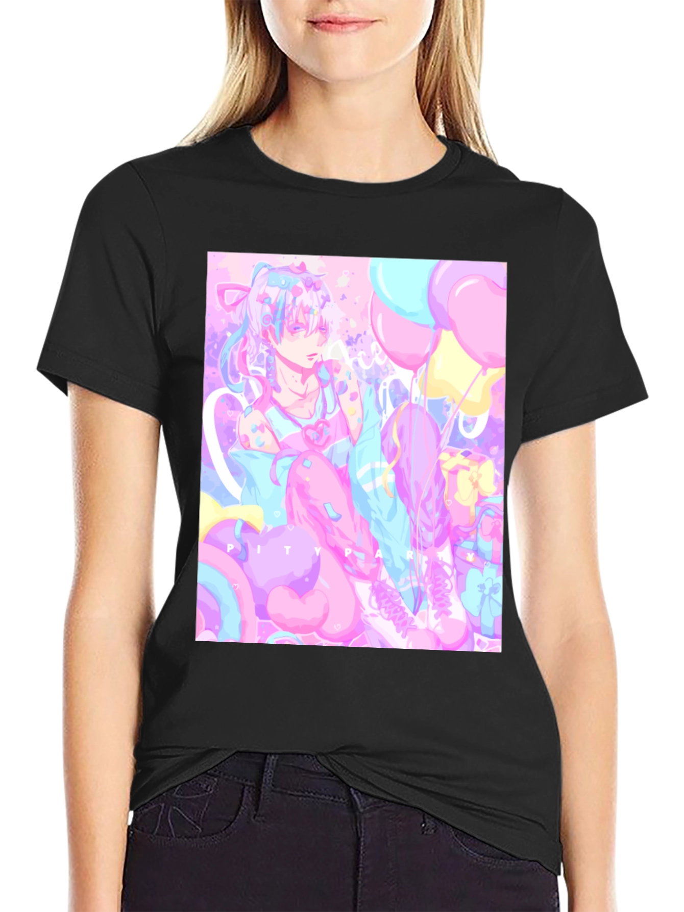 Camiseta Negra con Diseño Artístico Pastel