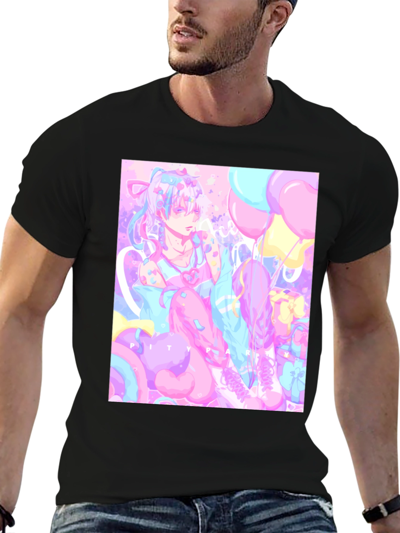 Camiseta Negra con Diseño Artístico Pastel