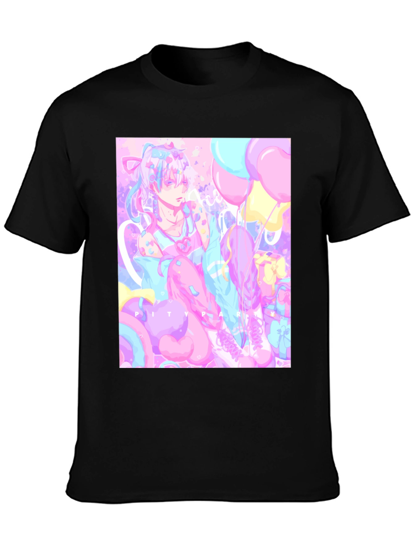 Camiseta Negra con Diseño Artístico Pastel