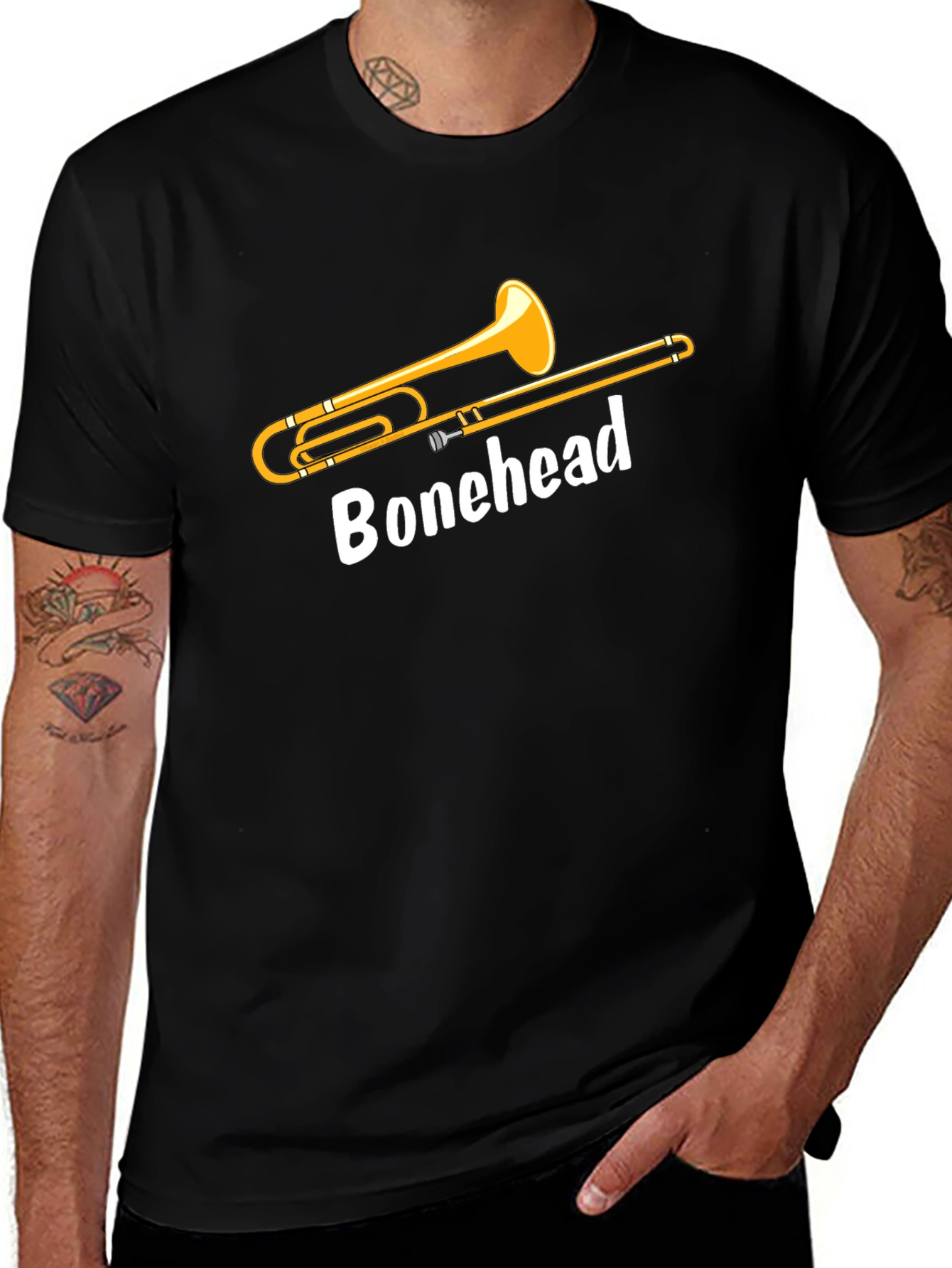 Camiseta Negra Bonehead Trombonista - Diseño Único
