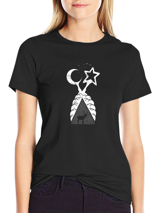 Camiseta Negra con Diseño Luna Estrella y Ciervo