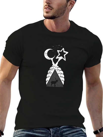 Camiseta Negra con Diseño Luna Estrella y Ciervo