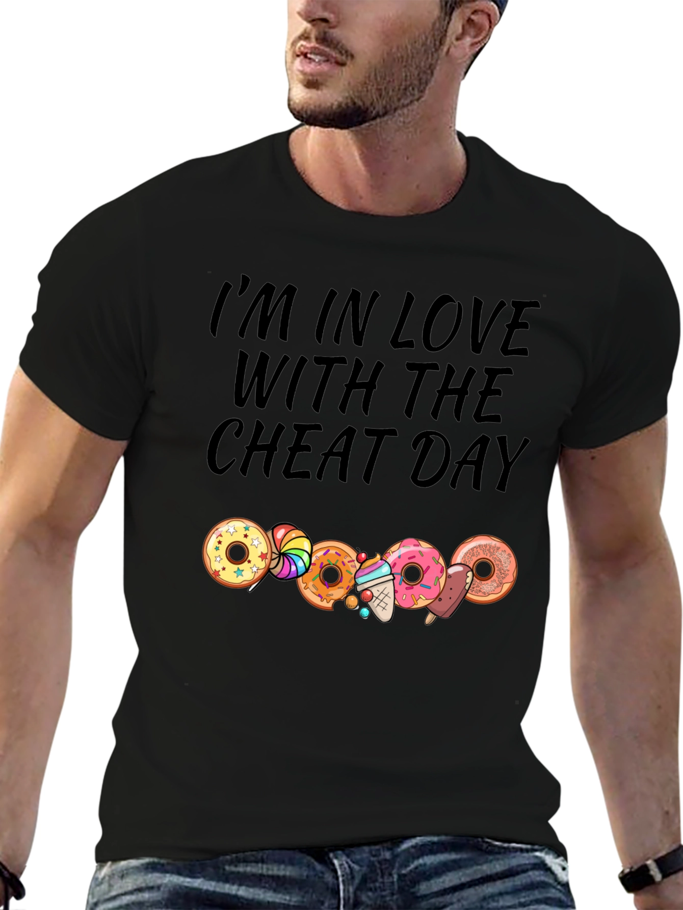 Camiseta Negra Cheat Day con Donas y Dulces