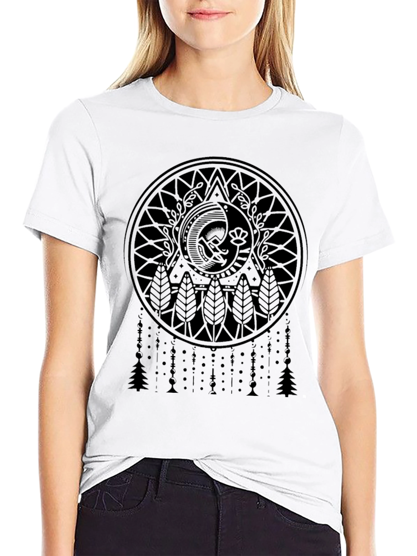 Camiseta Negra con Diseño Mandala Luna y Árboles