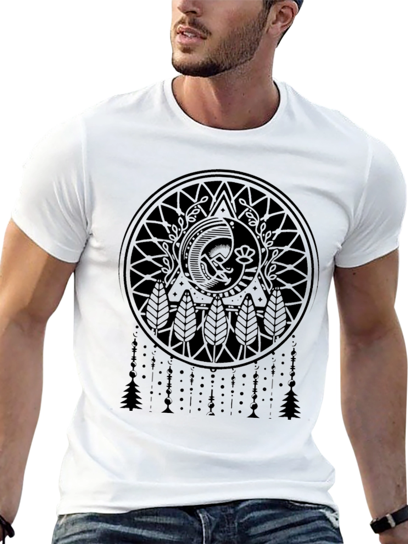 Camiseta Negra con Diseño Mandala Luna y Árboles