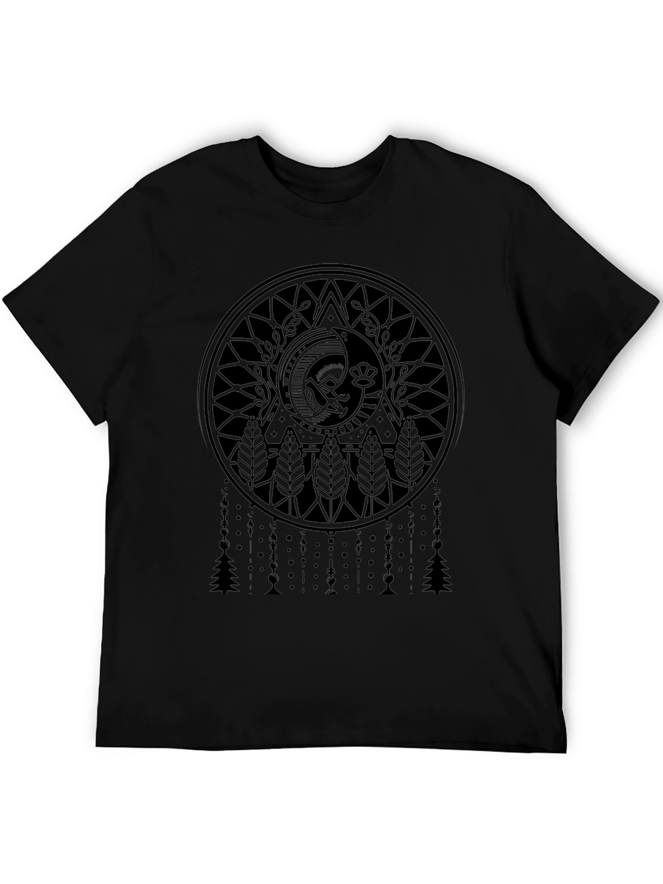 Camiseta Negra con Diseño Mandala Luna y Árboles