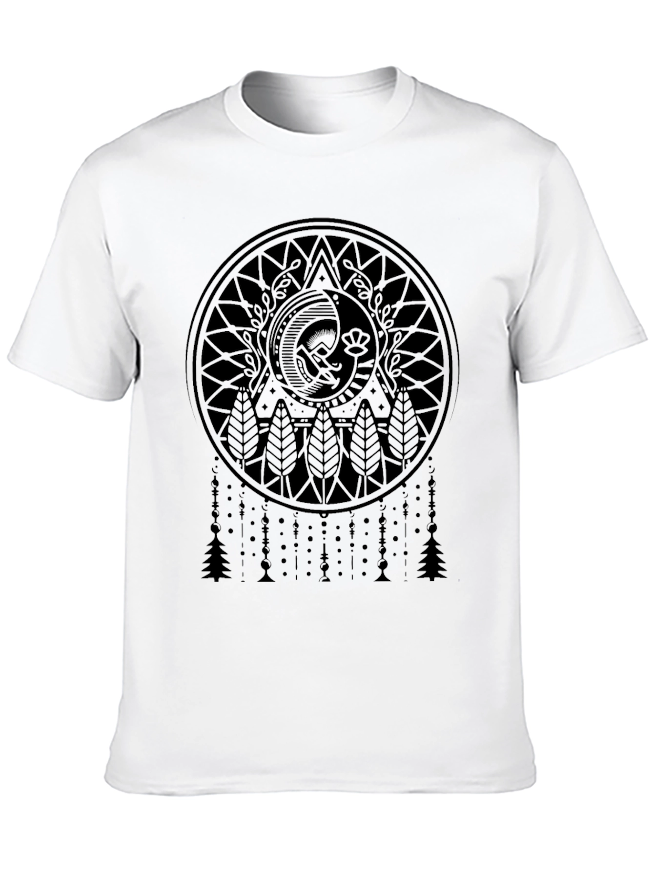 Camiseta Negra con Diseño Mandala Luna y Árboles