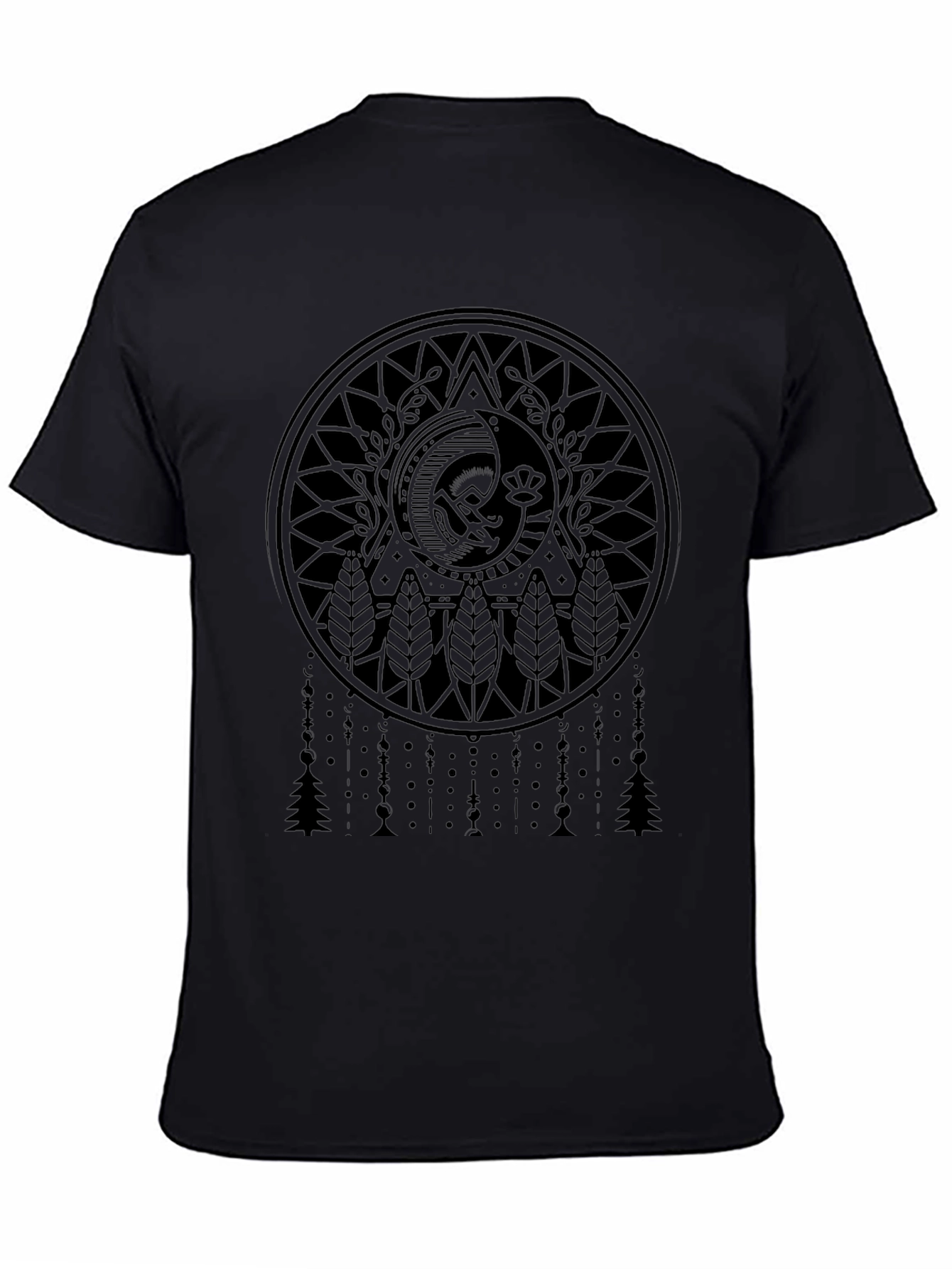 Camiseta Negra con Diseño Mandala Luna y Árboles