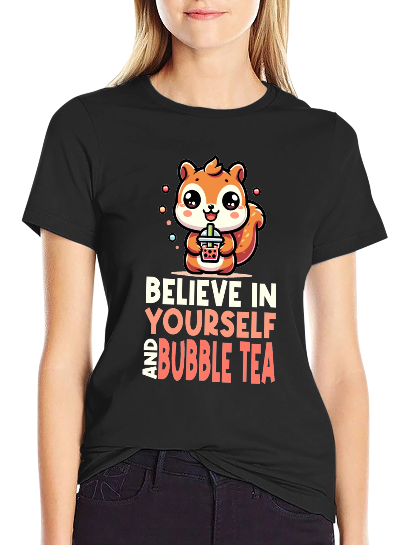 Camiseta Negra con Diseño de Ardilla y Bubble Tea