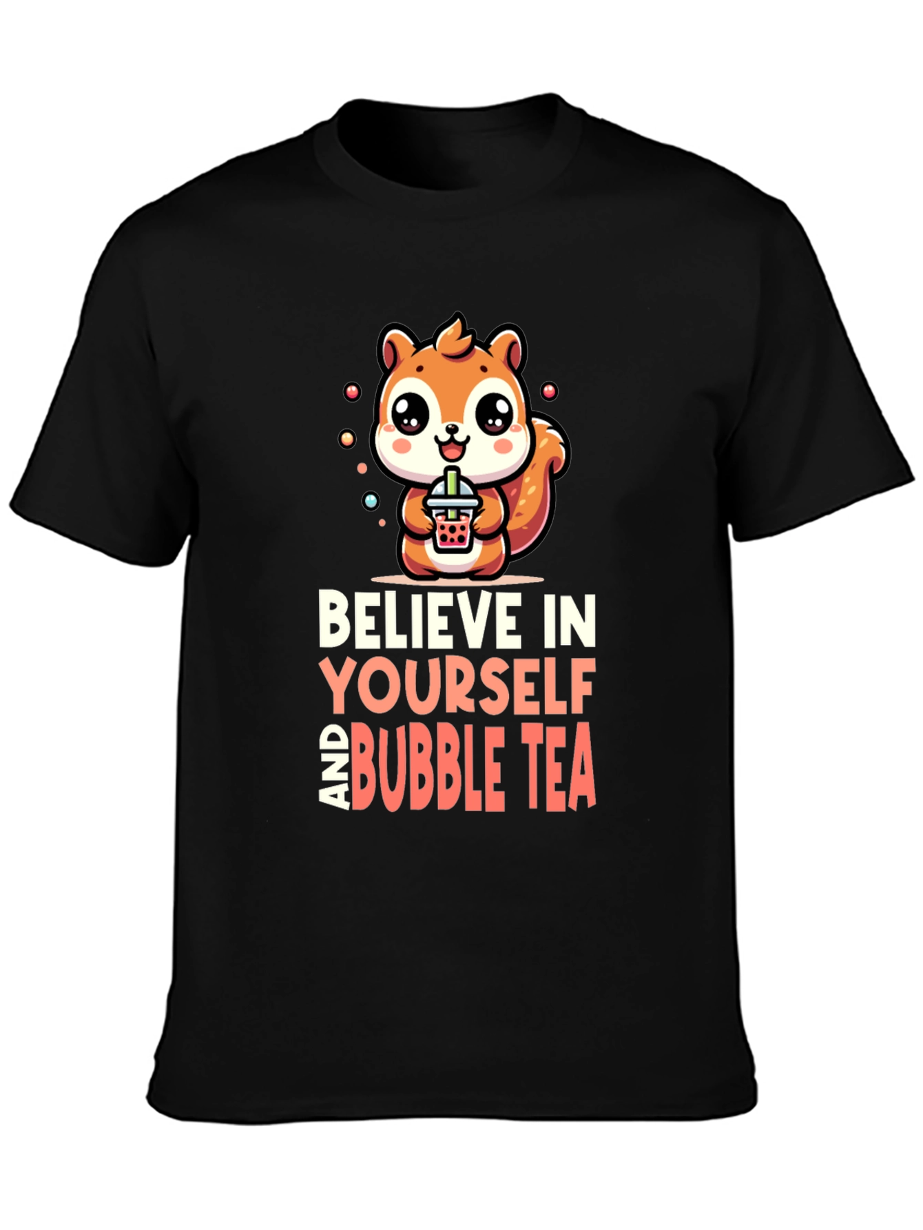 Camiseta Negra con Diseño de Ardilla y Bubble Tea