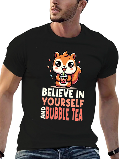 Camiseta Negra con Diseño de Ardilla y Bubble Tea