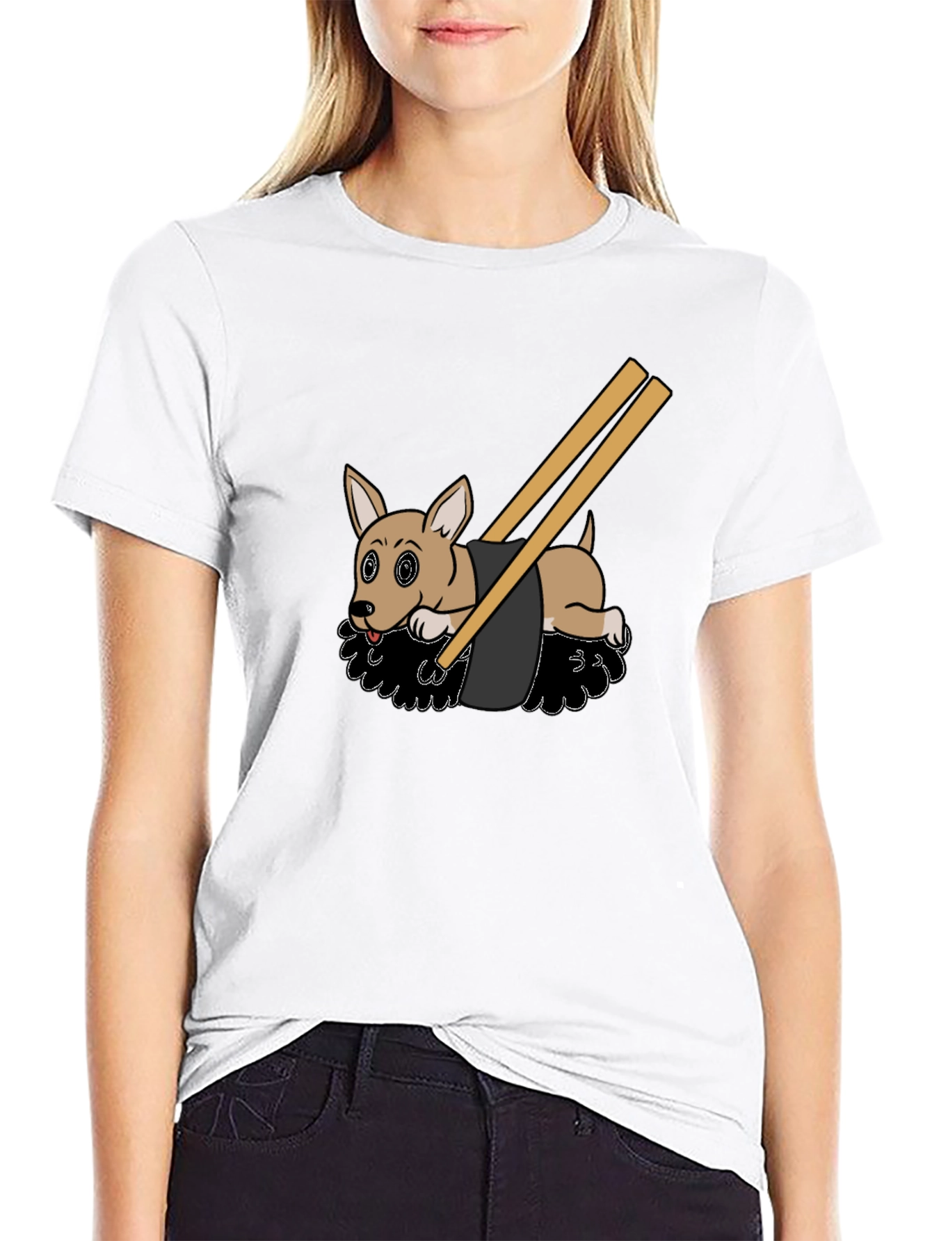 Camiseta Negra Diseño Sushi Perrito Divertido Casual