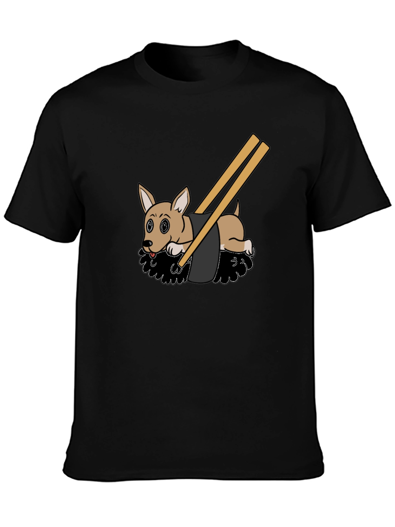 Camiseta Negra Diseño Sushi Perrito Divertido Casual