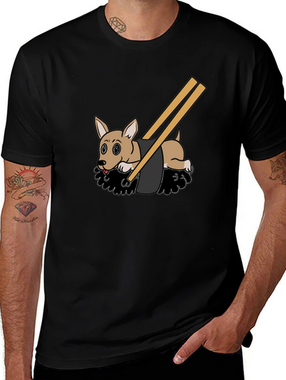 Camiseta Negra Diseño Sushi Perrito Divertido Casual