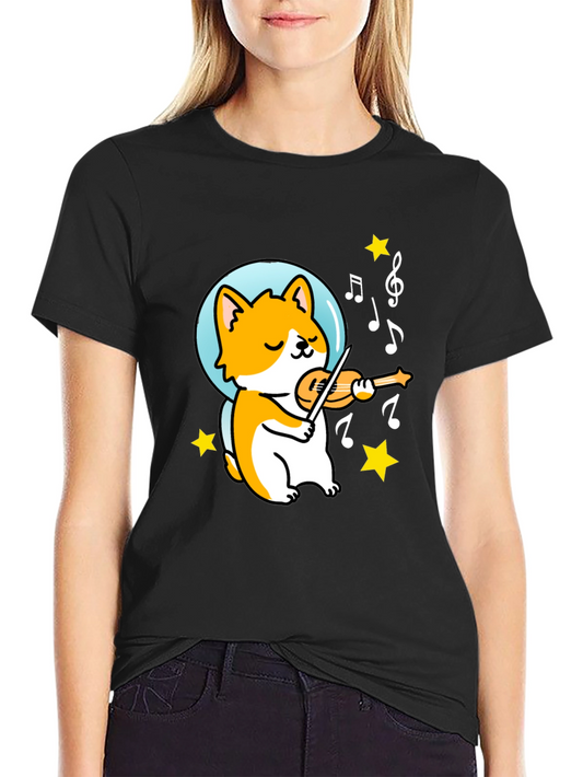 Camiseta Negra con Diseño de Corgi Músico