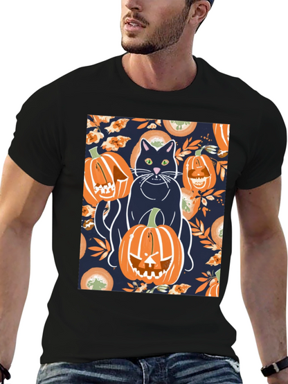 Camiseta Hombre Halloween: Gato y Calabazas