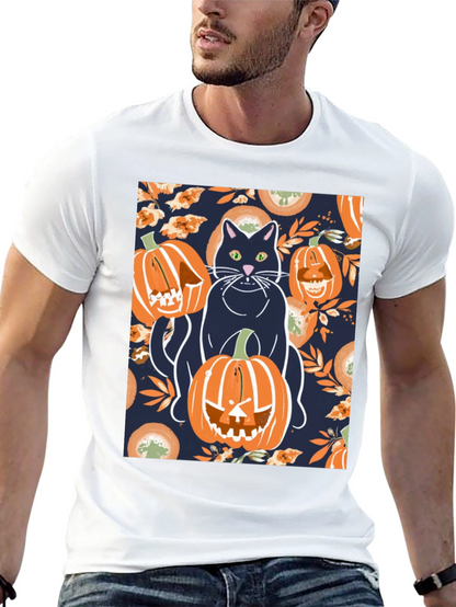 Camiseta Hombre Halloween: Gato y Calabazas