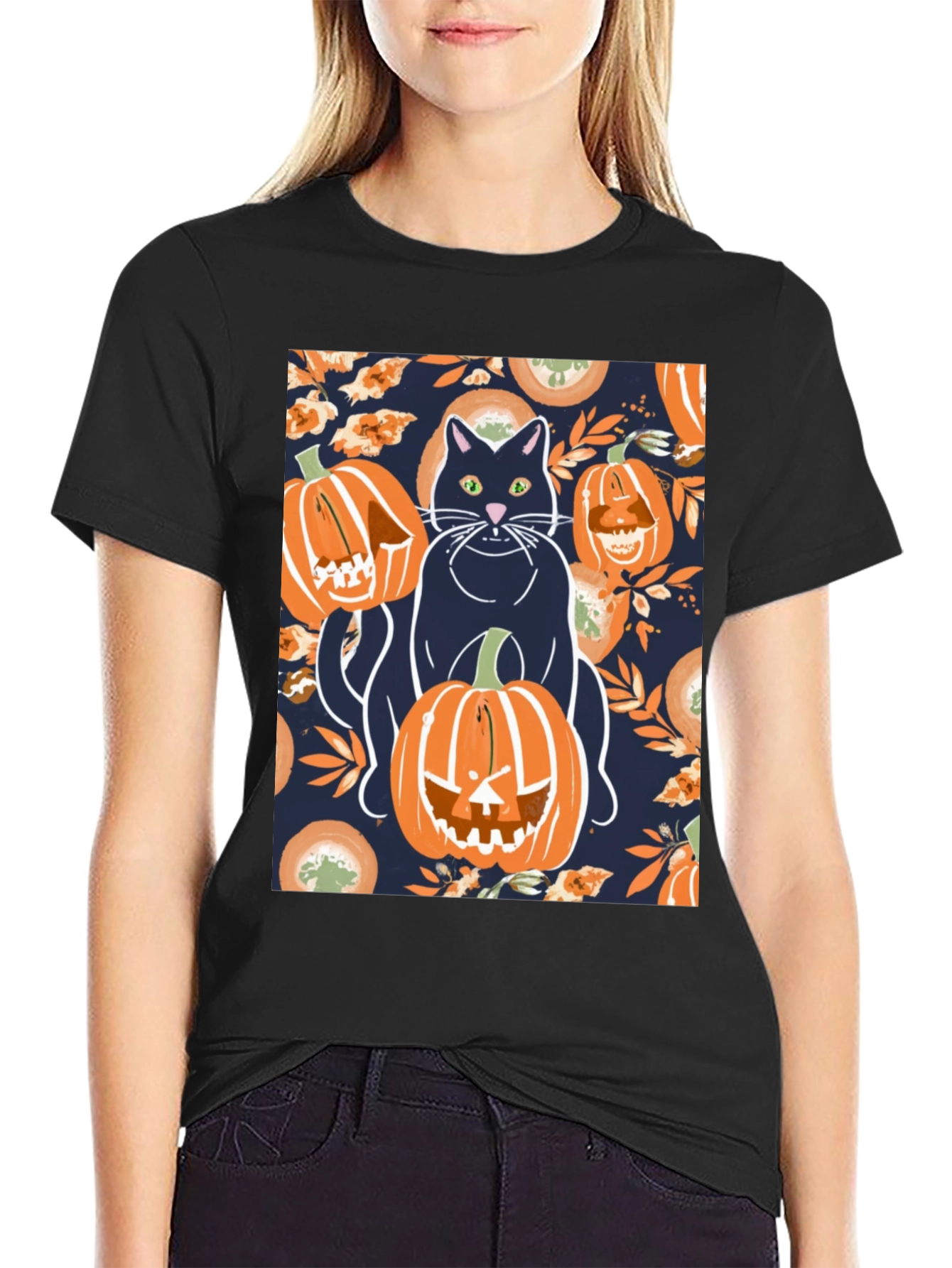 Camiseta Hombre Halloween: Gato y Calabazas