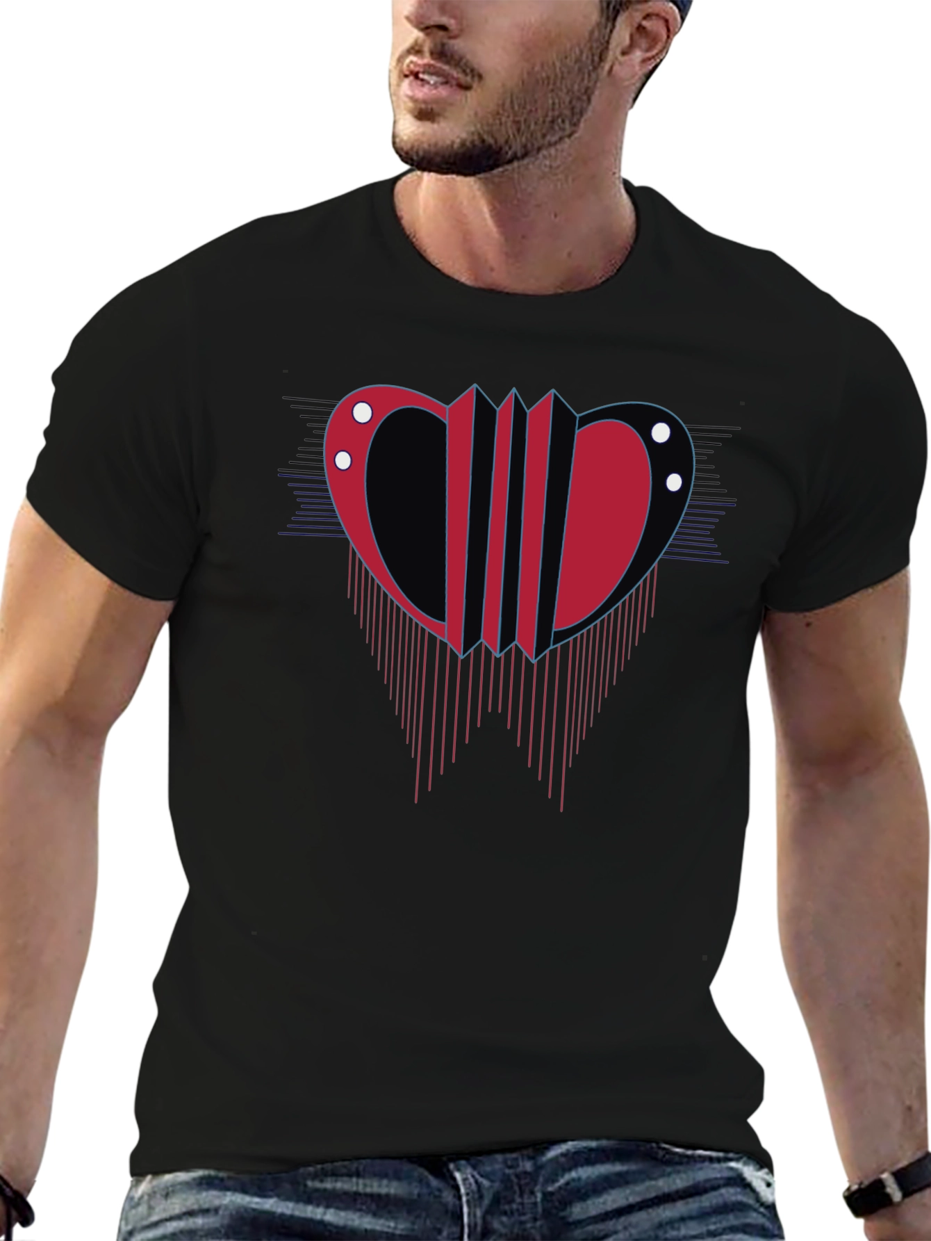 Camiseta Negra con Diseño Abstracto Rojo y Azul