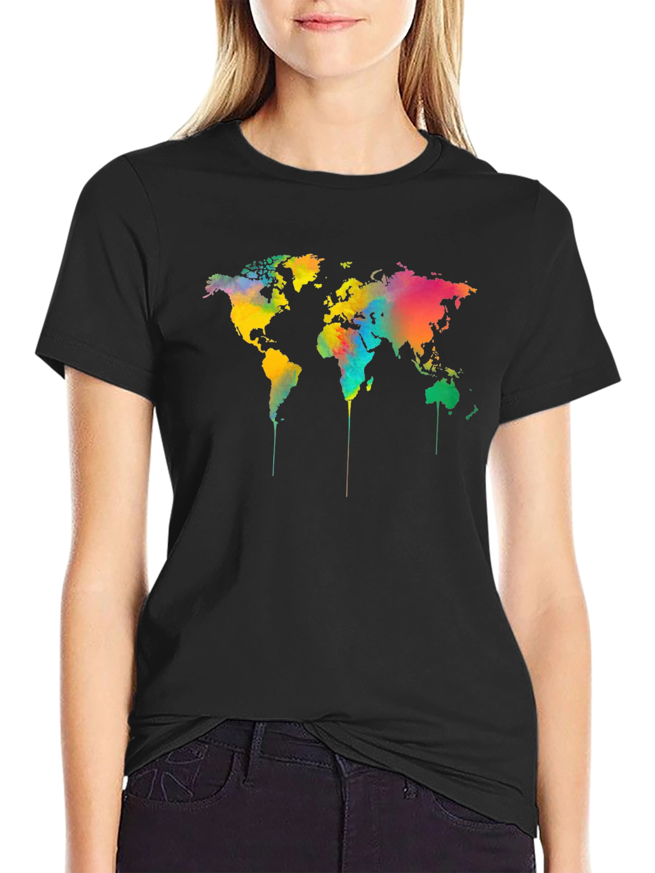 Camiseta Negra Mapa Mundial Acuarela