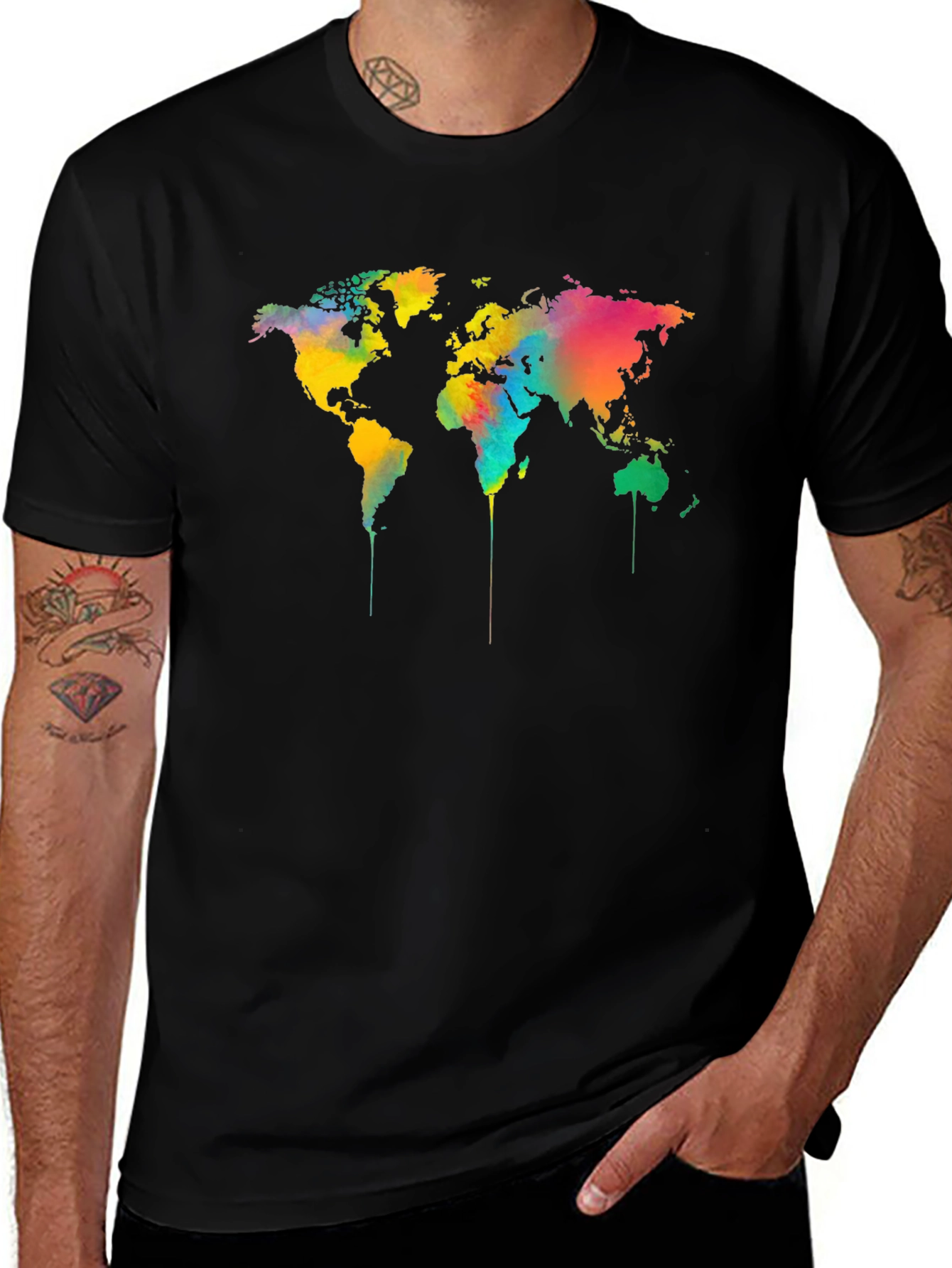 Camiseta Negra Mapa Mundial Acuarela