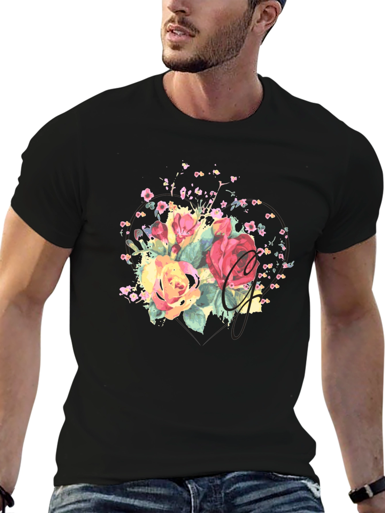 Camiseta Negra con Estampado Floral Acuarela
