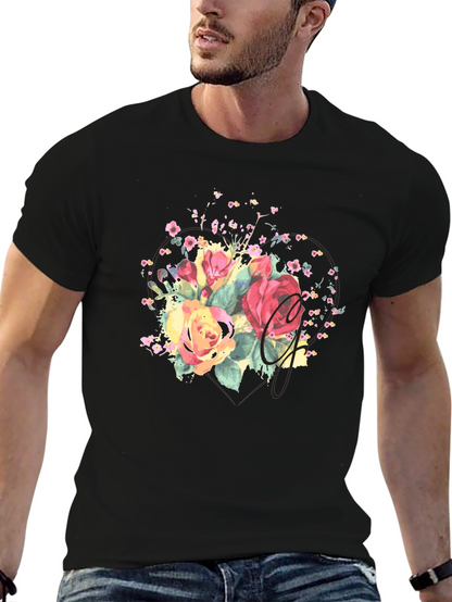 Camiseta Negra con Estampado Floral Acuarela