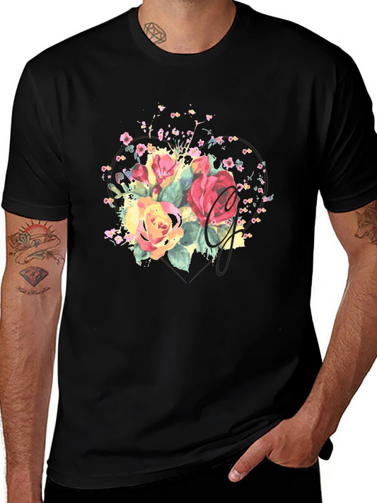 Camiseta Negra con Estampado Floral Acuarela