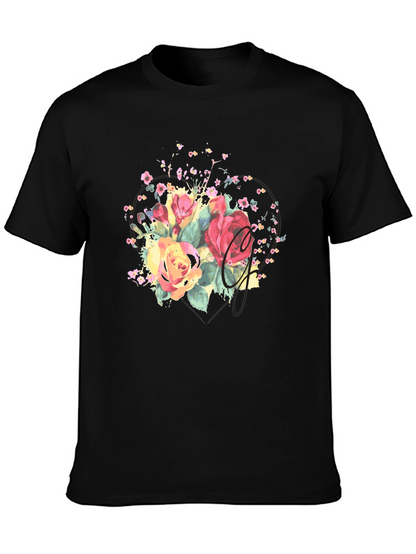 Camiseta Negra con Estampado Floral Acuarela