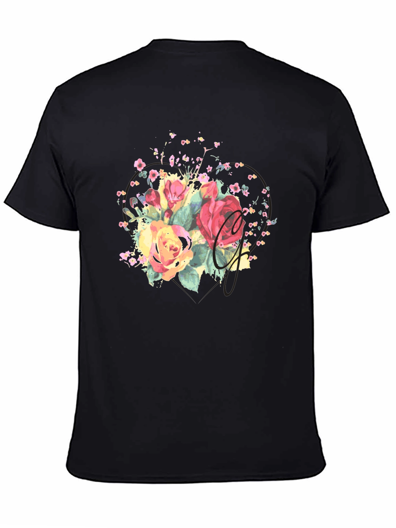 Camiseta Negra con Estampado Floral Acuarela