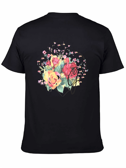 Camiseta Negra con Estampado Floral Acuarela