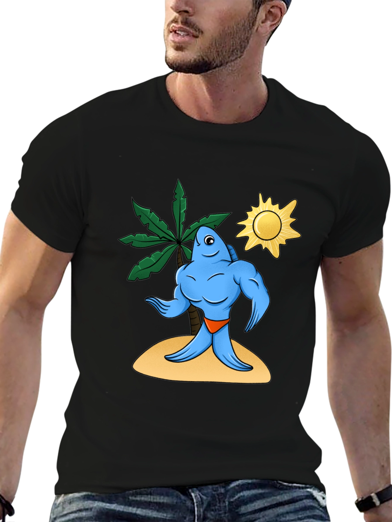 Camiseta Negra con Diseño de Pez Musculoso Tropical
