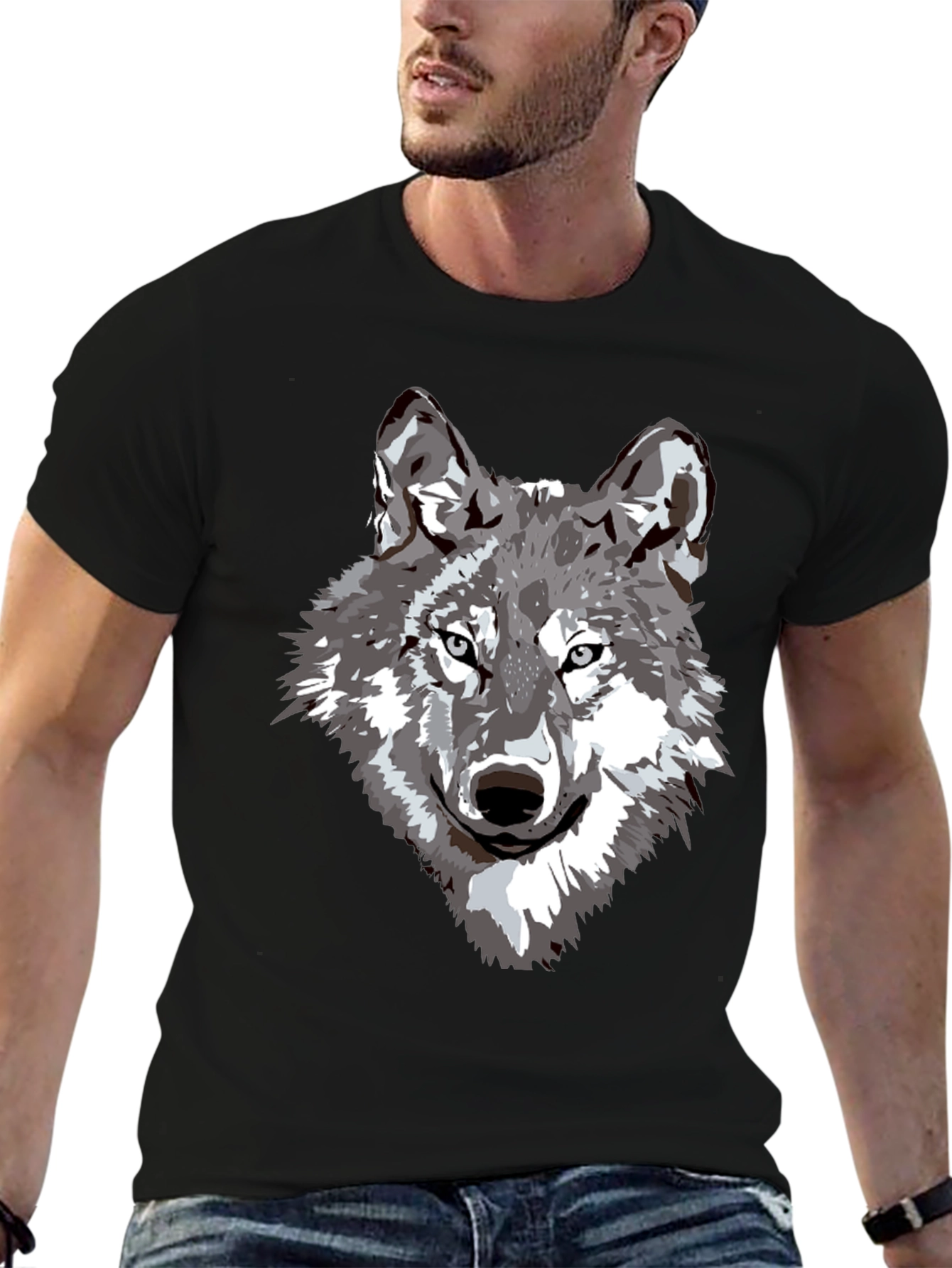 Camiseta Negra Hombre Diseño Lobo Gris