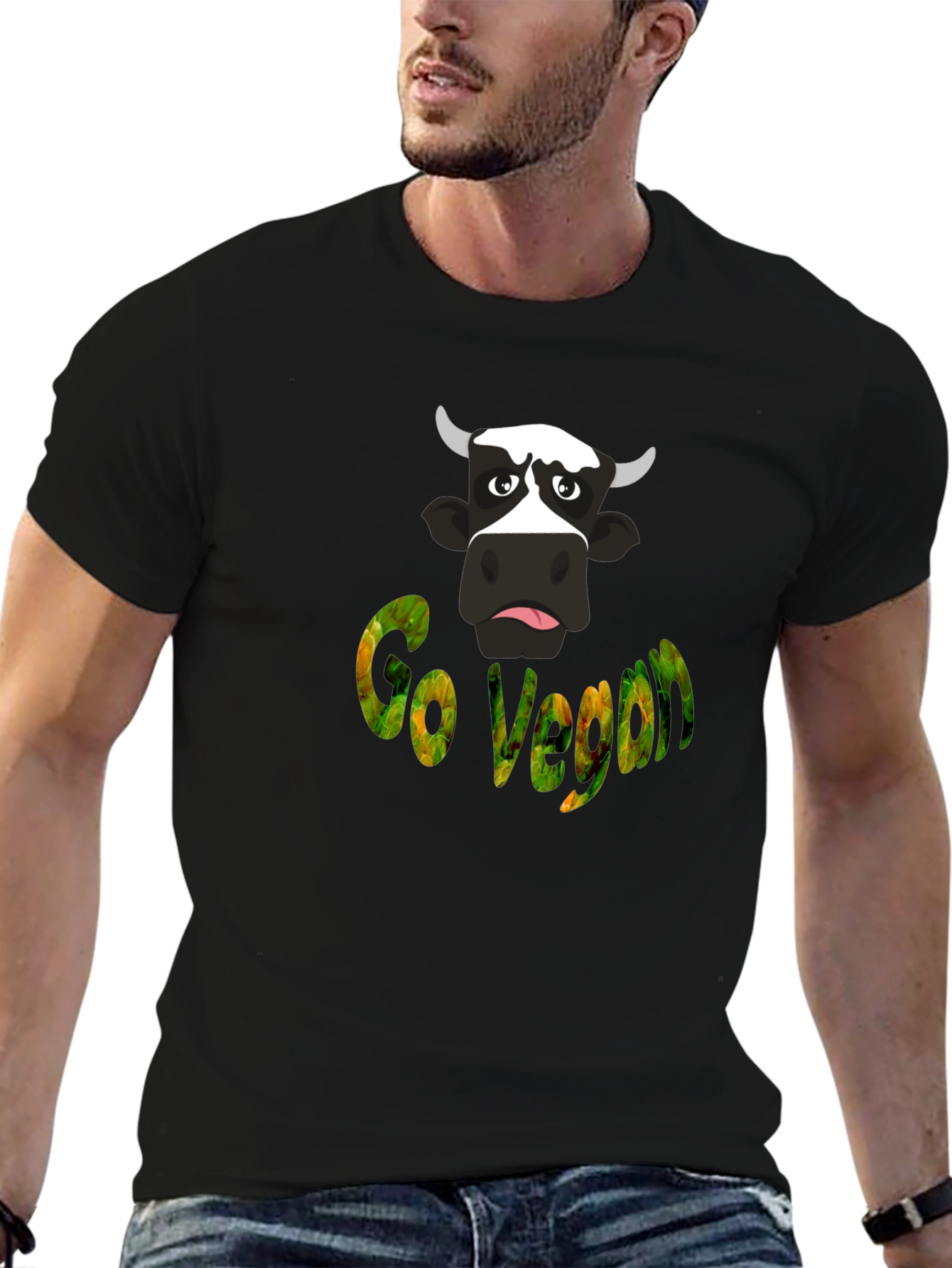Camiseta Negra Go Vegan con Diseño de Vaca