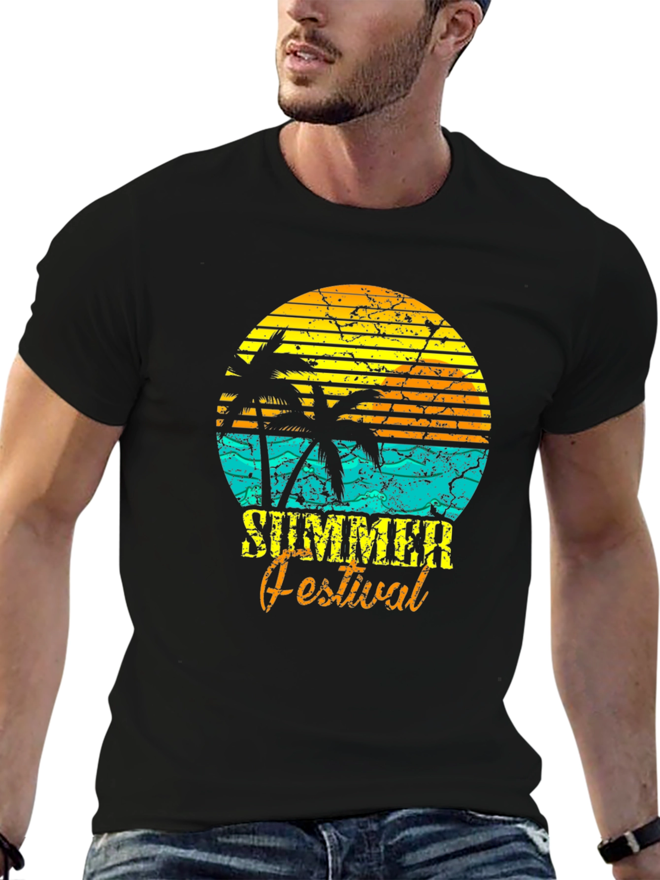 Camiseta Negra Estampada Festival de Verano