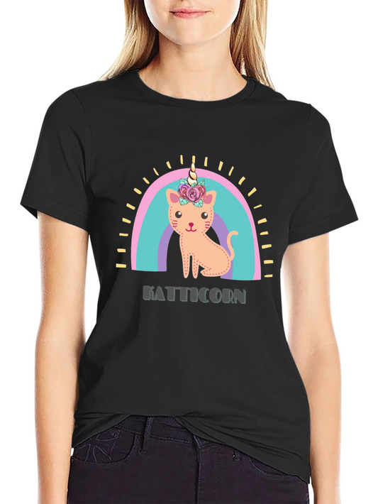 Camiseta Negra con Diseño de Gaticornio Arcoíris