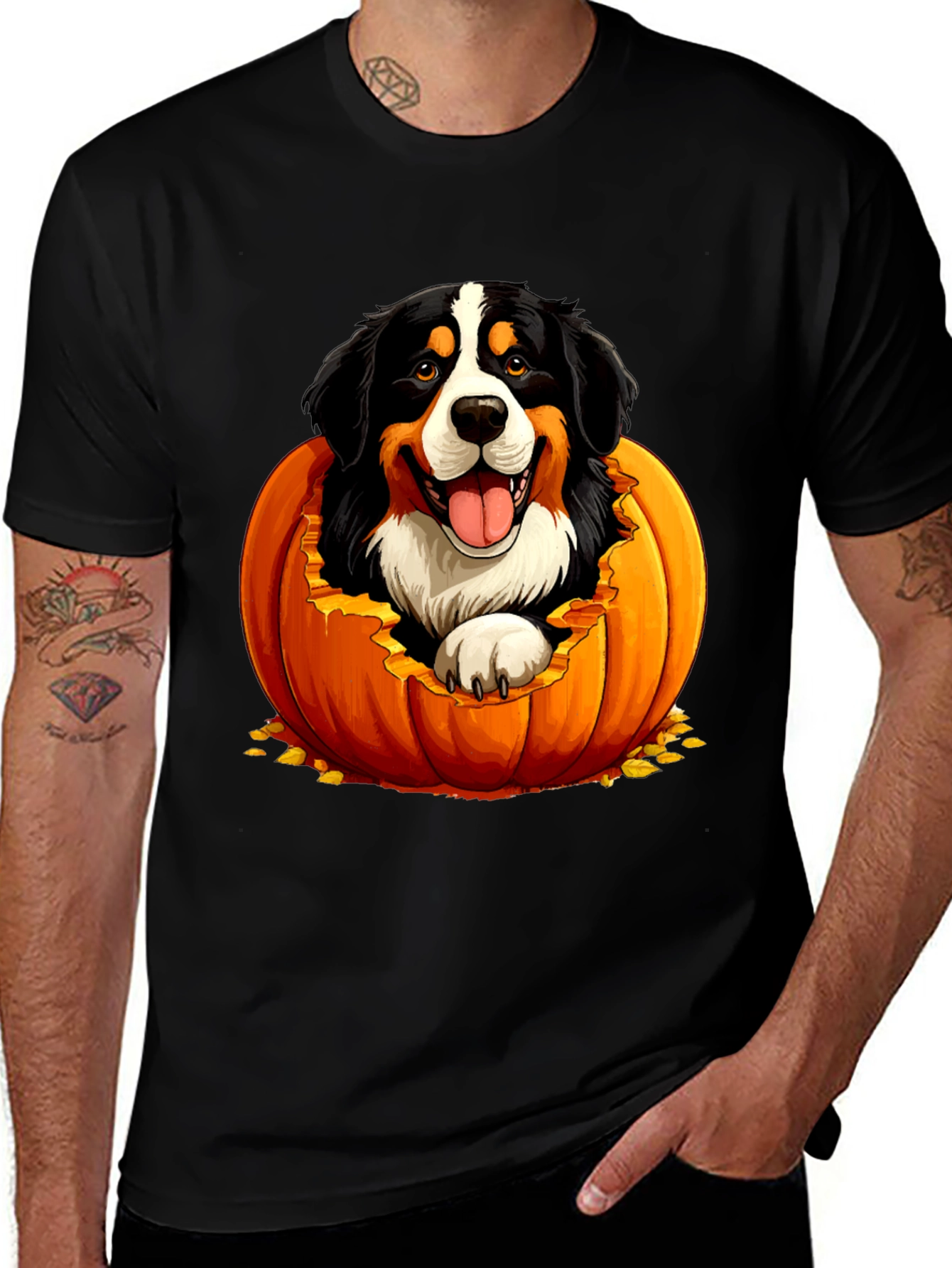 Camiseta Negra con Diseño de Perro en Calabaza