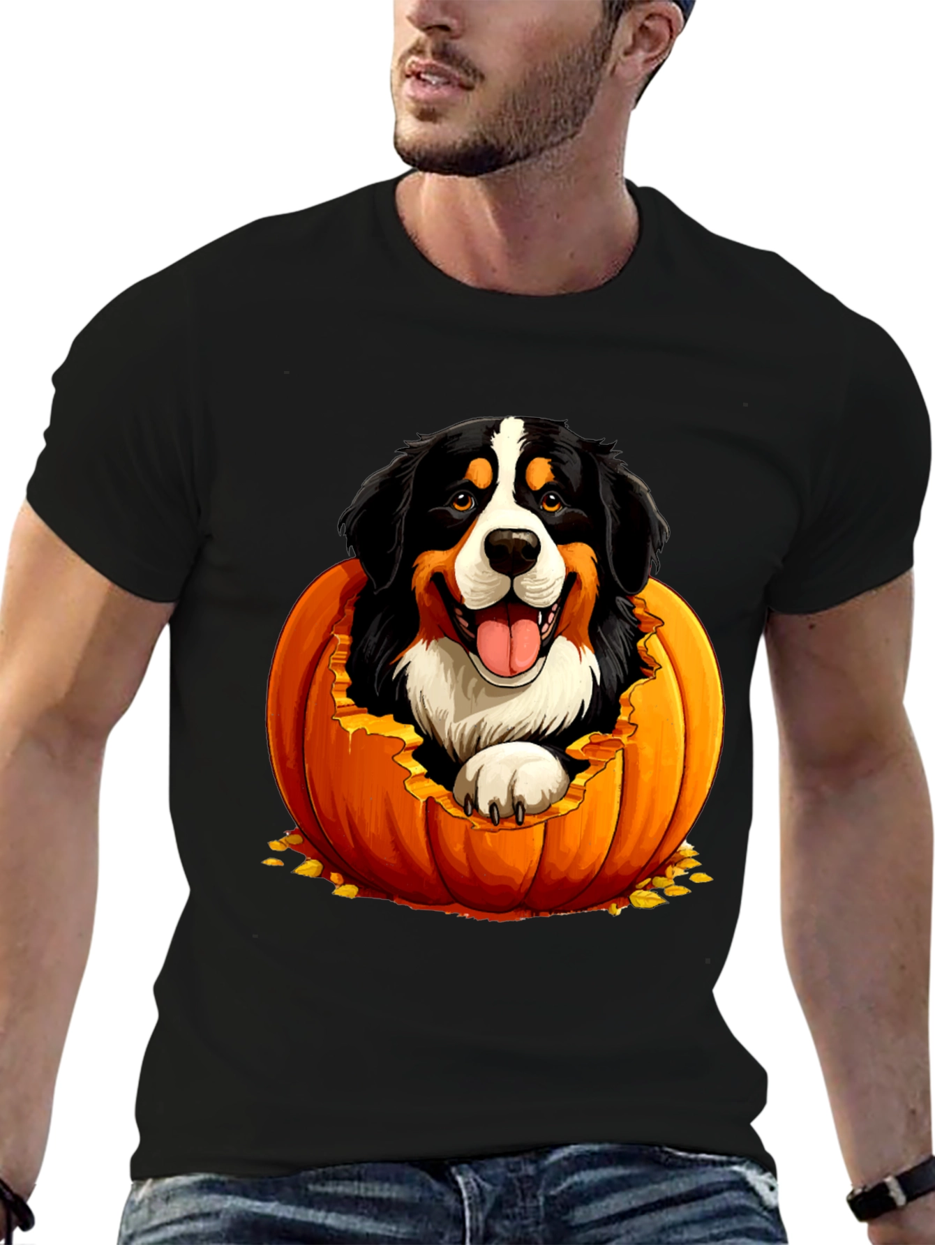 Camiseta Negra con Diseño de Perro en Calabaza