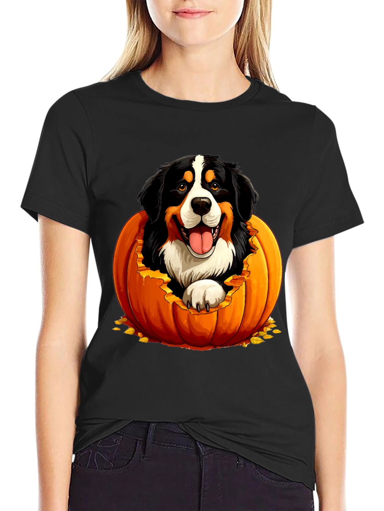 Camiseta Negra con Diseño de Perro en Calabaza